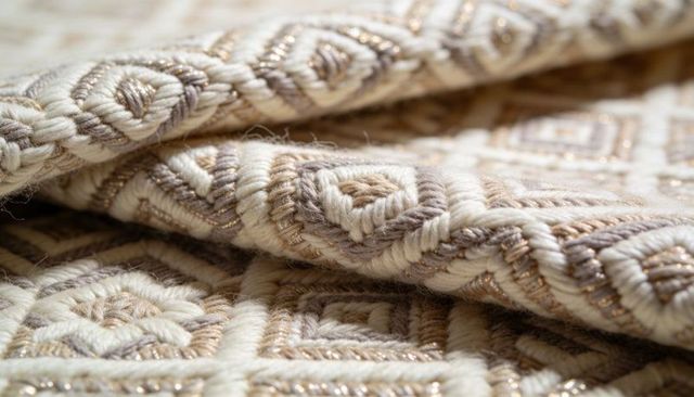 Cream and gold diamond weave textile with raised geometric texture and metallic thread