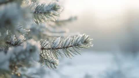 Frosted pine branch swaying in golden winter sunlight over quiet snowy field, close-up footage