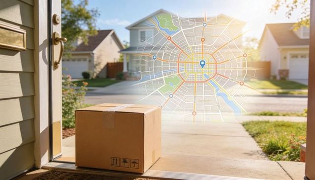 Sitting delivery box on doorstep with holographic city map showing route and location pin