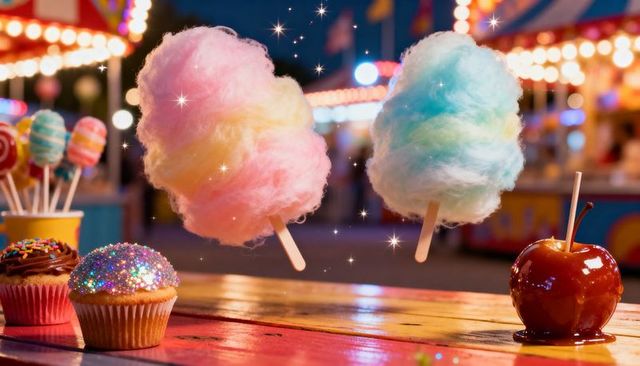 Floating Pastel Cotton Candy at Night Carnival with Sparkling Cupcakes and Candied Apple
