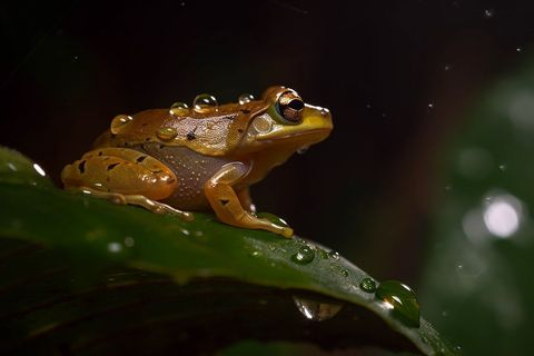 Golden frog resting on leaf in rainforest