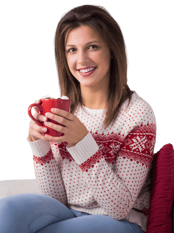 Smiling Woman Relaxing with Warm Beverage in Festive Sweater, Transparent Background