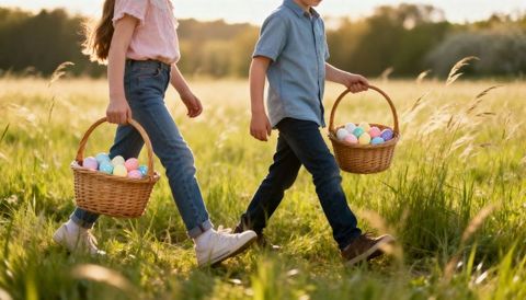 Children carrying easter egg baskets walking through sunny meadow at golden hour