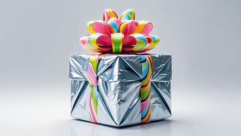 Elegant silver gift box with multicolored bow for festive occasions