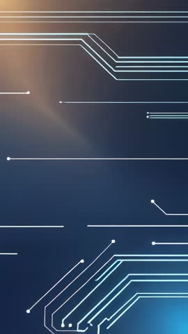 Vertical tech video sliding line-dot circuit network with amber and azure glows, futuristic