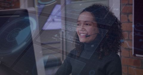 Smiling Businesswoman Using Headset with Data Interface Overlay