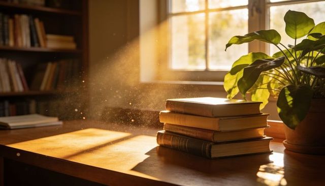 Vintage hardcover books basking in golden sunlight on wooden desk with dust motes
