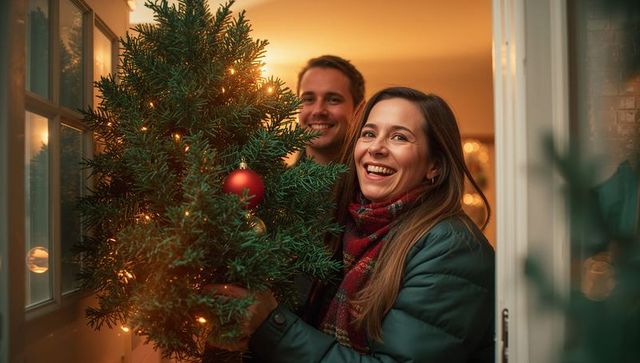 Happy couple bringing christmas cheer home with festive tree