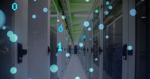 Binary code overlay on high-tech server room data center