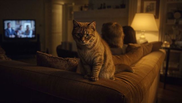 Tabby cat sitting on sofa back watching camera while couple watches tv in cozy living room