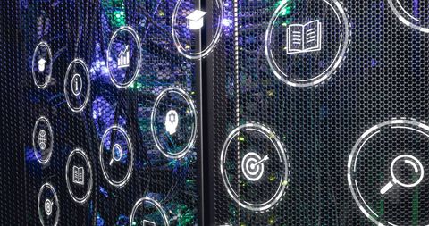 Digital icons and computer server indicating data storage technology