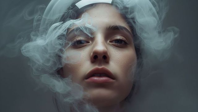 Intimate close-up portrait woman wearing white headband surrounded by swirling smoke