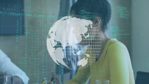 Spinning Globe Overlay on Business Meeting with Data