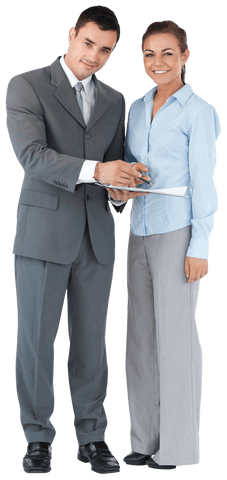 Transparent young business partners collaborating with clipboard