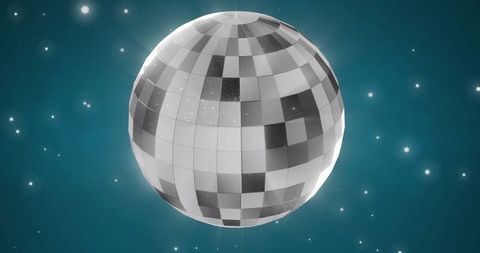 Glittering Disco Ball with Floating Glittering Lights on Blue Background