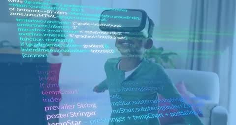 Young Boy Experiencing Virtual Reality with Code Overlay