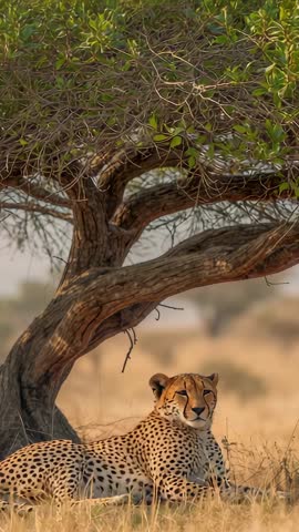 Vertical video of cheetah lifting head and scanning dry savanna under gnarled tree shade