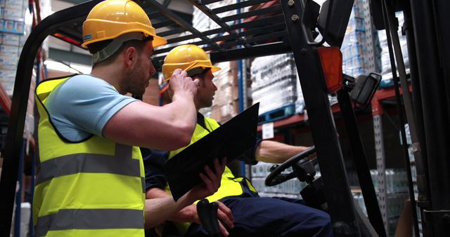 Warehouse Workers Collaborating to Operate Forklift - Download Free Stock Images Pikwizard.com