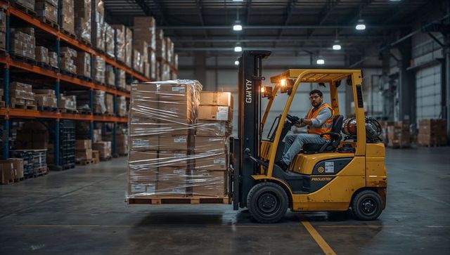 Forklift operator lifting pallet of cardboard boxes inside expansive warehouse aisle