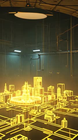 Descending Projector Illuminating Holographic City Model Over Industrial Table Vertical Tech Video