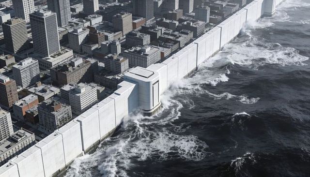 Shielding coastal city with massive concrete seawall resisting storm surge and high waves