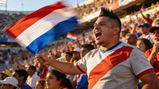 Passionate football fan waving red-white-blue flag, cheering in crowded stadium at golden hour