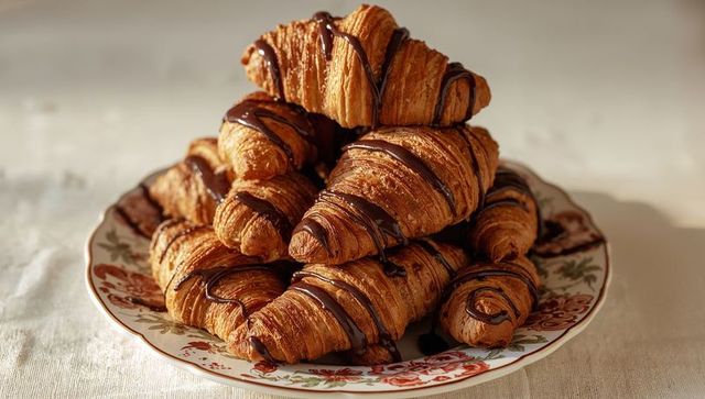 Displaying chocolate-drizzled croissants stacked on vintage floral plate closeup breakfast