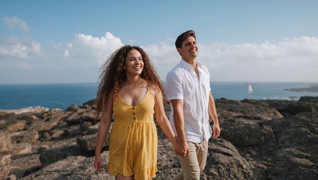 Young couple walking hand in hand on rocky coastline with sailboat on distant horizon summer getaway