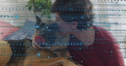 Nuzzling midadult woman bonding with large brown dog on couch holding red cup, glitch