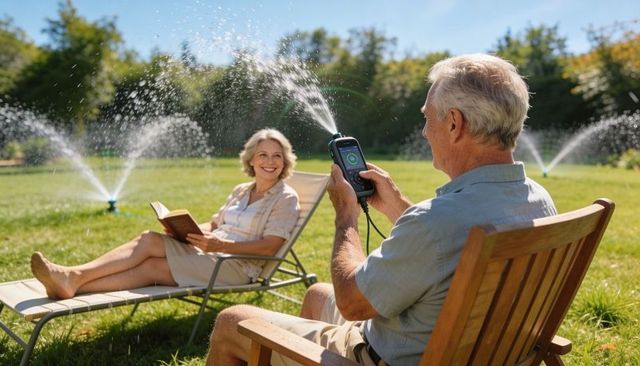 Senior couple using smart sprinkler controller while relaxing in sunny backyard lawn