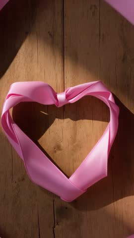 Vertical loop video showing pink satin ribbon forming heart on rustic wooden table