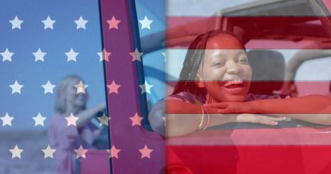 Patriotic Joy: Friends Enjoying Beach Road Trip with USA Flag