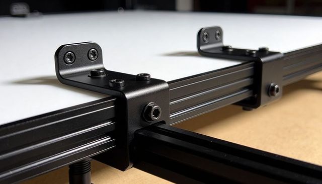 Black l-bracket securing white panel on anodized aluminum extrusion rail, hex fasteners