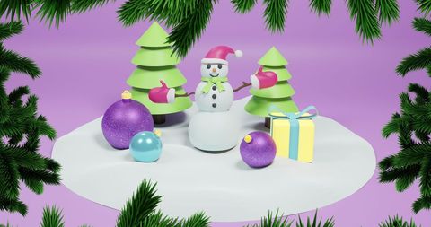 Festive snowman with holiday decorations on purple background