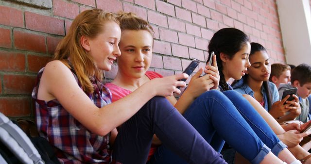 A group of diverse teenagers is engaged with their smartphones while sitting against a brick wall, with copy space. Their focused expressions and casual attire suggest a common social activity during a break in a school or college setting.