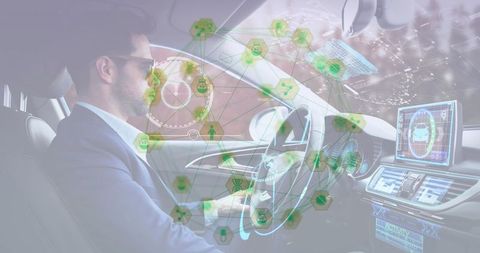 Man in self-driving car interacting with futuristic dashboard