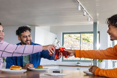 Friends toasting with bottled sodas over kitchen island with burgers and sunlit window