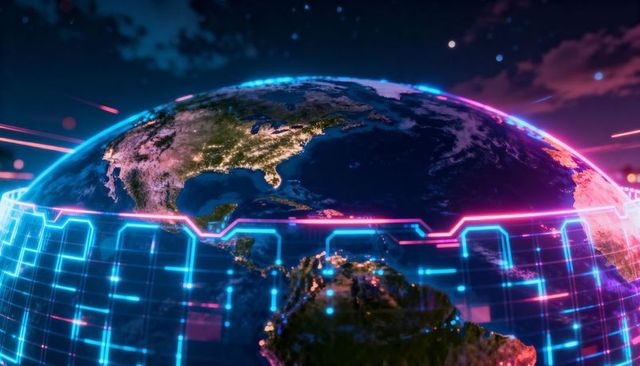Rotating earth with neon grid and city lights visualizing global digital network