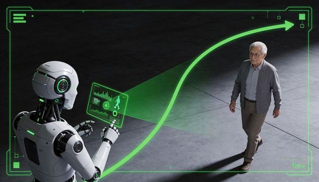 Humanoid robot projecting holographic route and guiding senior man walking along trajectory