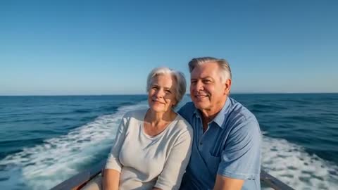 Senior Couple Cruising Motorboat Across Calm Ocean While Smiling Together