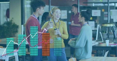 Young Professionals Discussing Data Analytics With Bar Graph Overlay in Modern Office