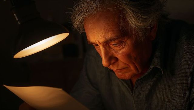 Senior man reading document by desk lamp at night dramatic low-light portrait of concern