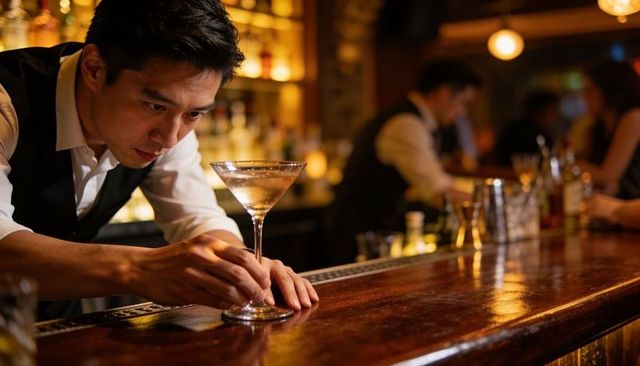 Bartender placing martini on polished wooden bar during intimate evening cocktail service