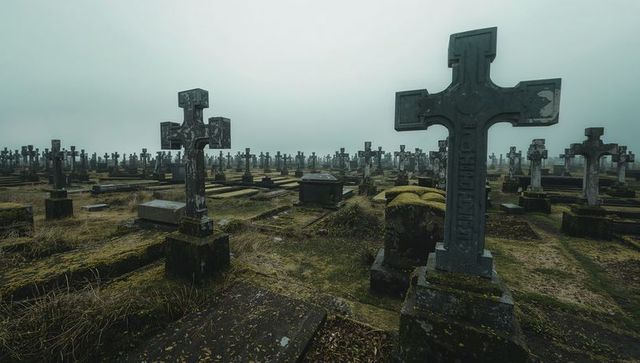 Foggy moss-covered cemetery with weathered stone crosses stretching into distant horizon