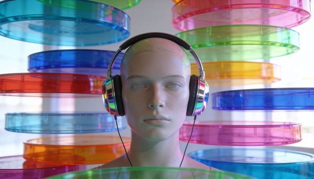 Mannequin wearing chrome headphones surrounded by stacked colorful translucent discs