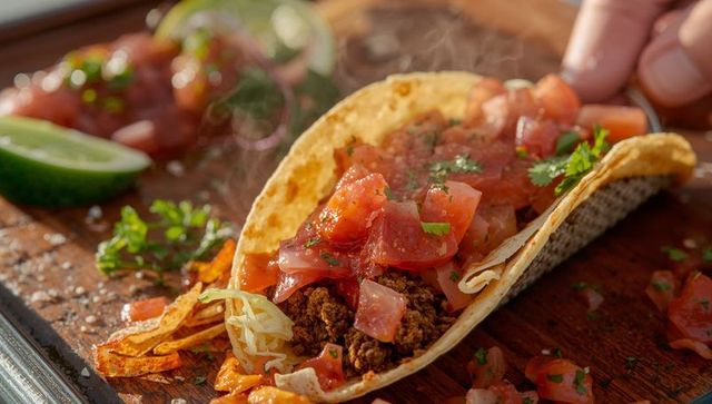 Freshly Made Beef Taco on Rustic Wooden Board