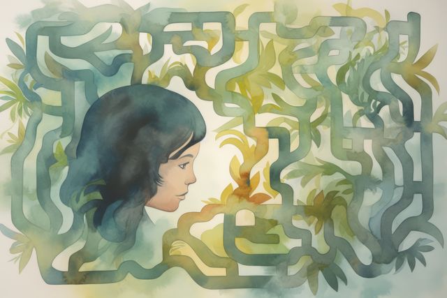 Labyrinth with leaves and caucasian girl, created using generative ai technology. Mental, health, brain, digitally generated image.