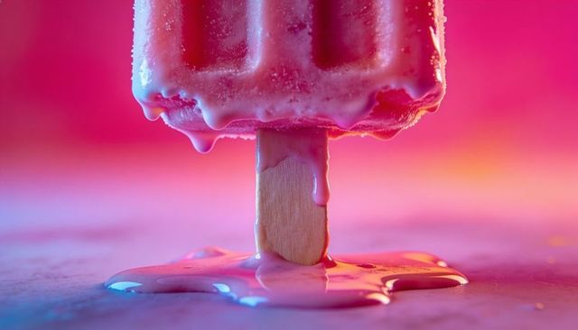 Melting pink popsicle dripping glossy puddle on tabletop macro close-up with wooden stick