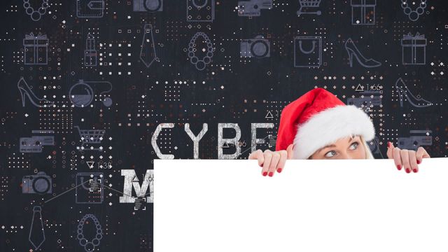 This presents a playful mix of holiday spirit with a Cyber Monday theme, featuring a woman peeking from a blank space while wearing a Santa hat against an intriguing backdrop of digital icons. Ideal for advertising holiday shopping promotions or digital marketing campaigns targeting festive seasons, this can captivate an audience through both online ads and festive newsletters.