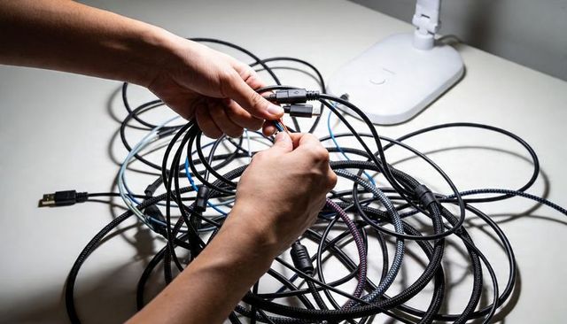 Hands untangling braided usb cables on desk, organizing tangled cords and connectors